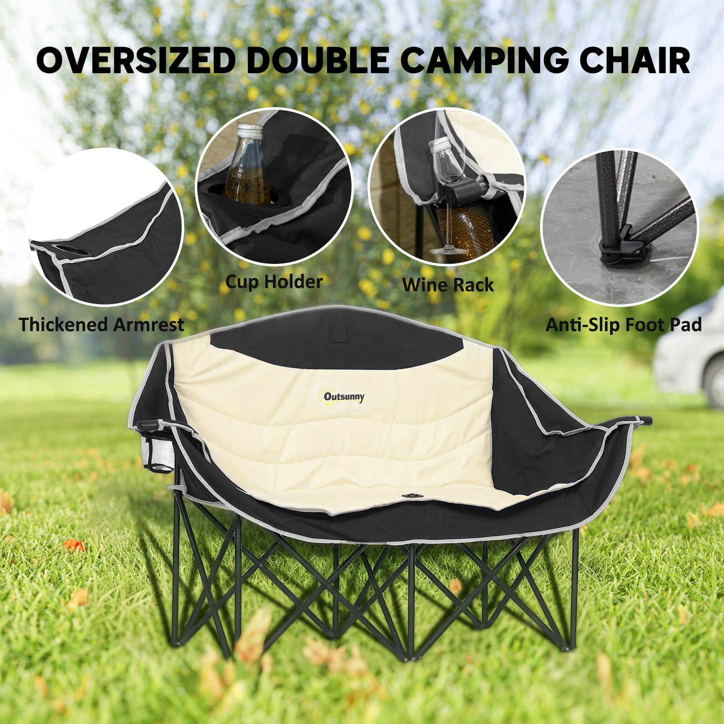 Double Camping Chair for Adults, Oversized Heavy Duty Padded Folding Chair with Armrests, Cup Holders and Carry Bag, 250kg Capacity