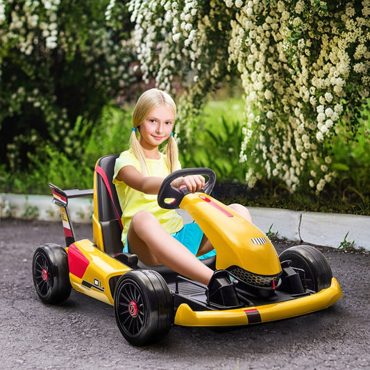 Electric Go Kart with Adjustable Footrest, Reversing Steering Wheel, Kids Ride-On Racing Go Kart with 12V Rechargeable Battery, 2 Speeds, Remote, Light Music Horn, Toy for Boys Girls