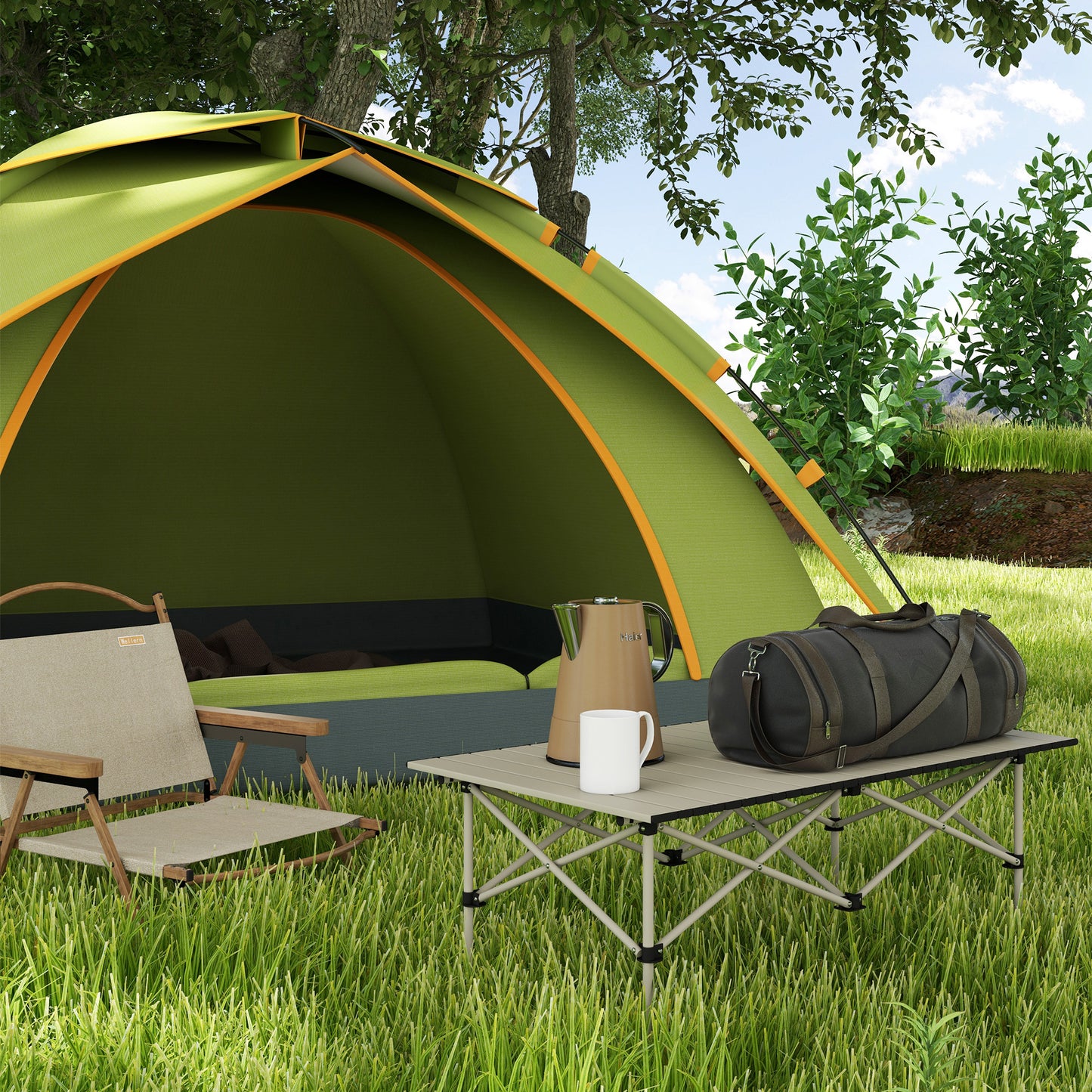 Outsunny Portable Aluminium Picnic Camping Table, Lightweight Folding, Carry Bag For Outdoor Camping, Picnic, Hiking, Cooking, BBQ, Fishing, Khaki