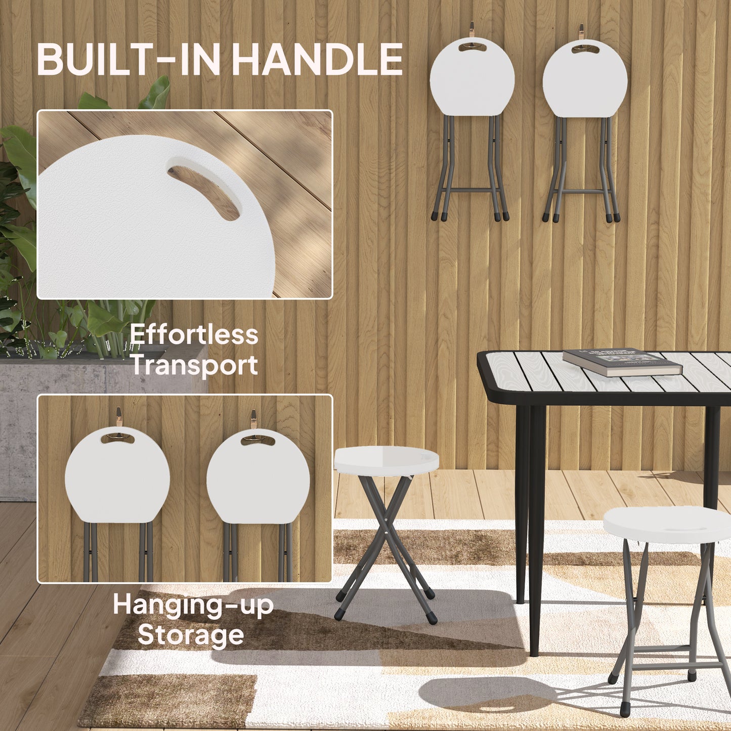 Outsunny Folding Stool Set of 4, Decorative Garden Stool Set with Safety Latch, Foldable Garden Stools with Powder-Coated Steel Legs HDPE Seat and Handle for Indoor and Outdoor, White