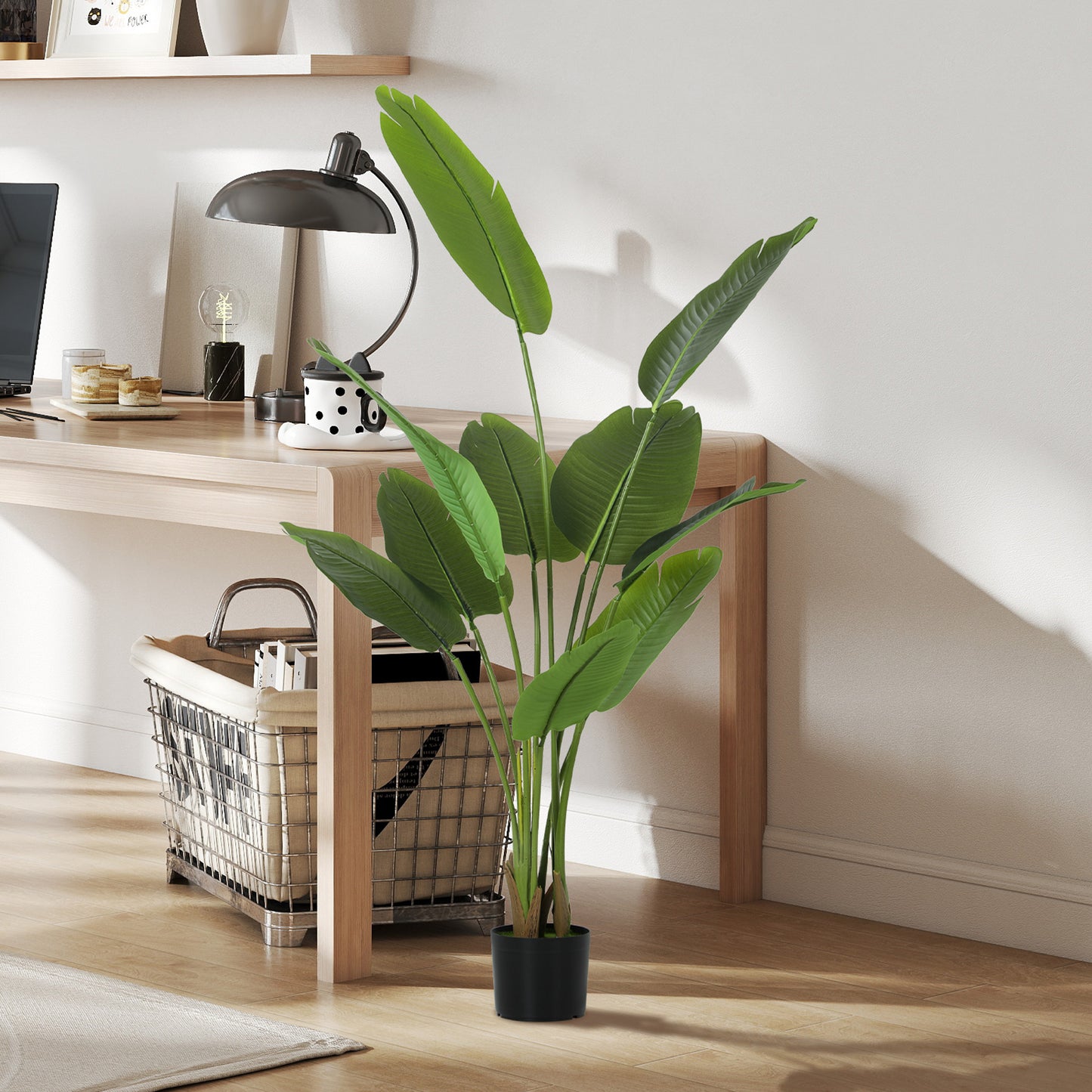 160cm Tall Artificial Bird of Paradise Plant, Faux Banana Leaf Tree with PEVA Leaves and Flocking, Decorative Palm Tree in Pot