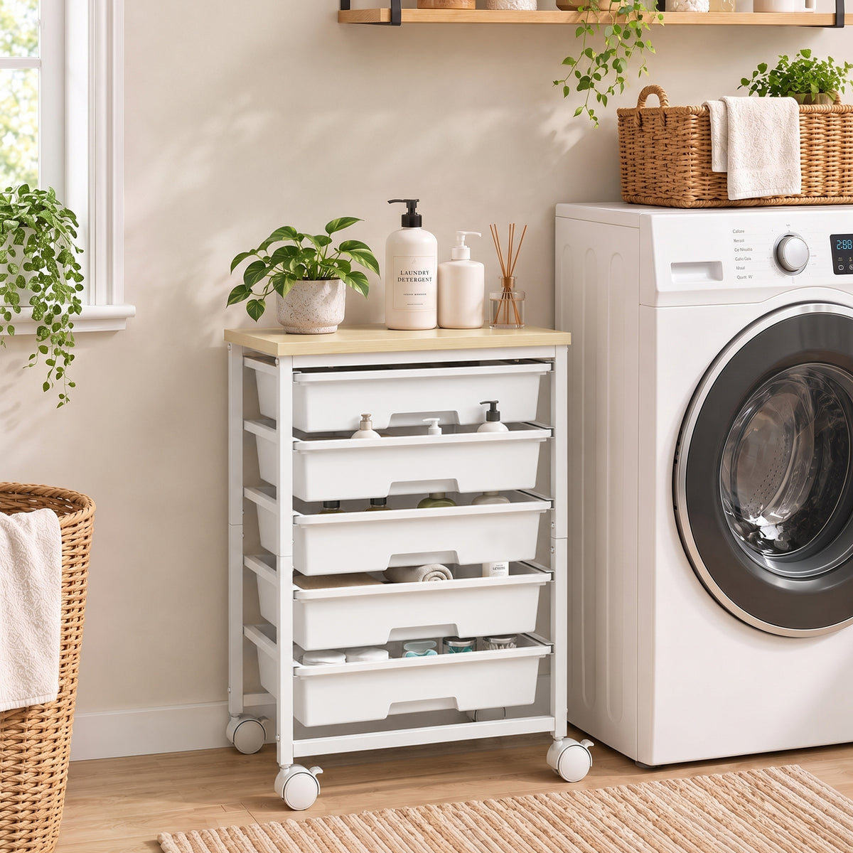 6-Tier Storage Trolley on Wheels | 5 Pull-Out Drawers | Rolling Kitchen Cart | White