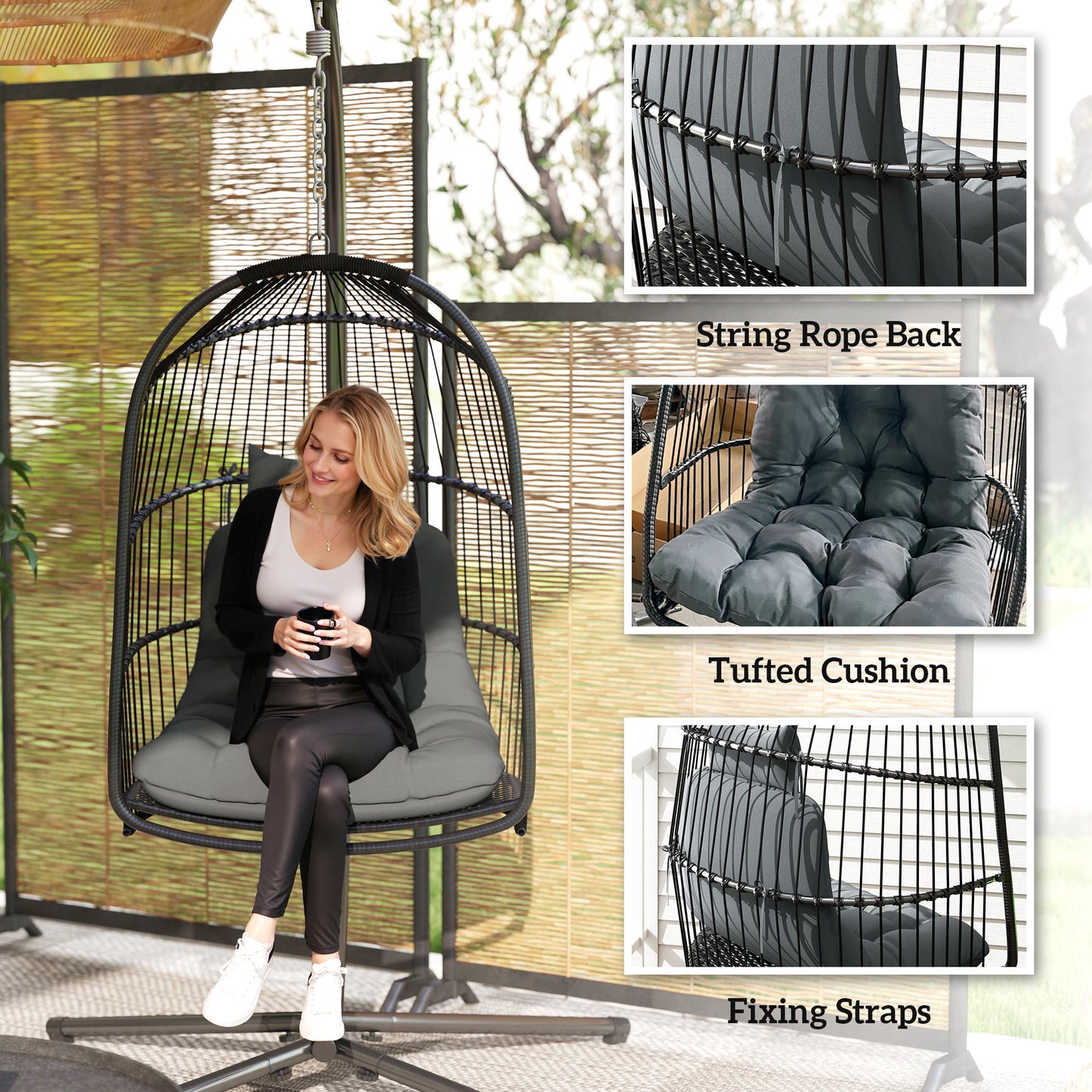 Hanging Egg Chair Outdoor Indoor Rattan Swing Chair with Installation Kit, Foldable Garden Hanging Seat with Thickened Cushion, Headrest