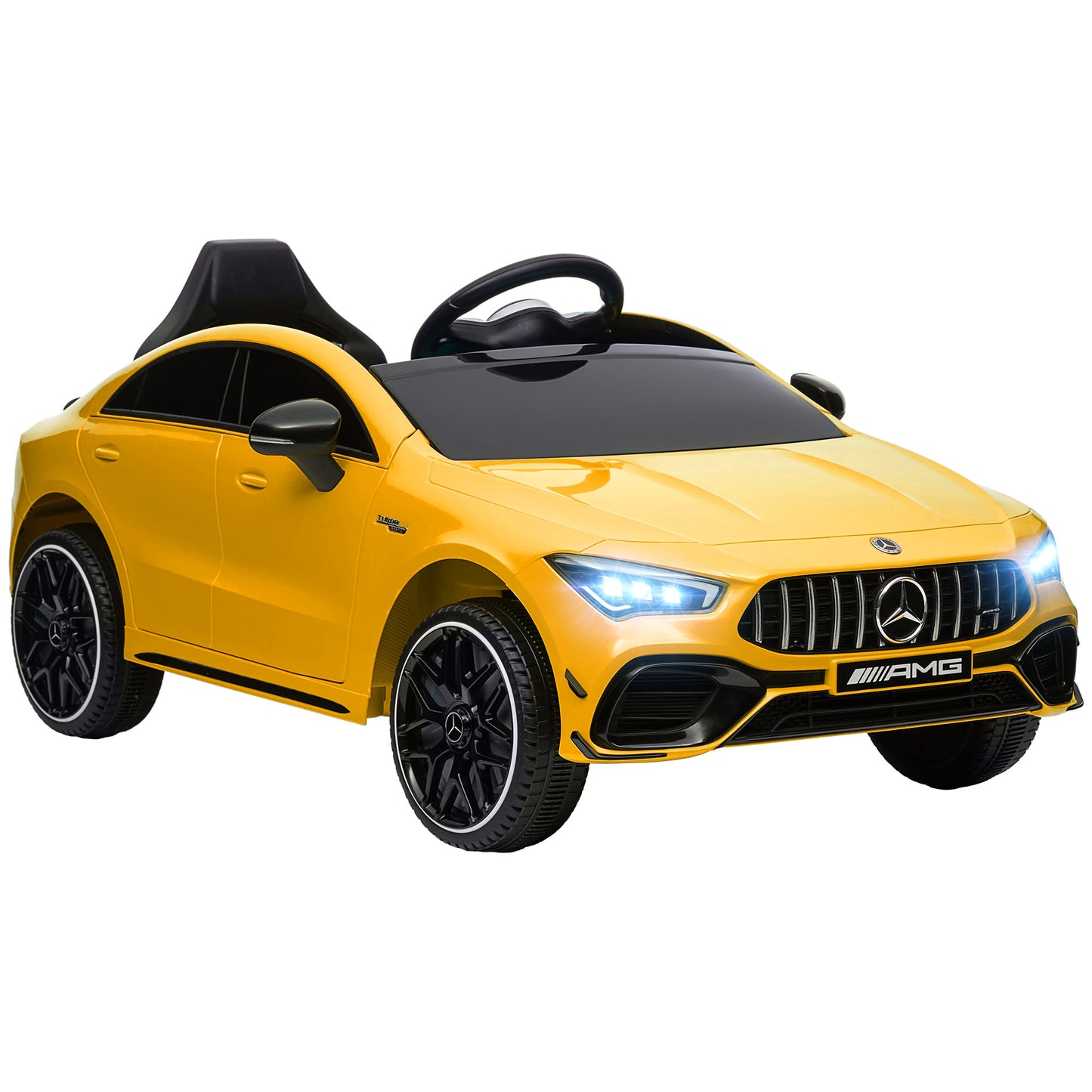 Mercedes-AMG CLA 45 Licensed 12V Kids Electric Car Ride on Car w/ Remote, Suspension Lights Music Horn - Light Blue / White / Yellow