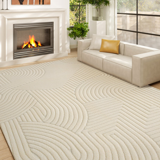 Modern Geometric Jacquard Rug | 15mm Plush Pile | Non-Slip Cotton-Polyester Backing | Reinforced Edges | 160x120cm | Cream