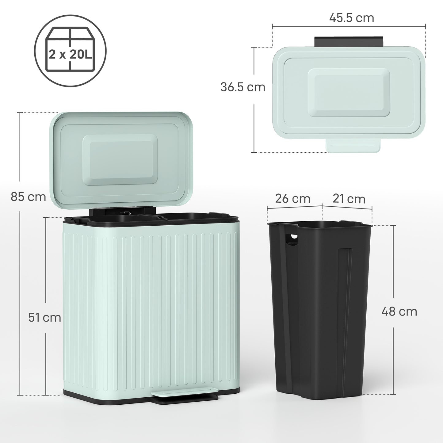 40L 2 x 20 Litre Dual Compartment Rubbish Bin, with Soft-Close Lid - Green