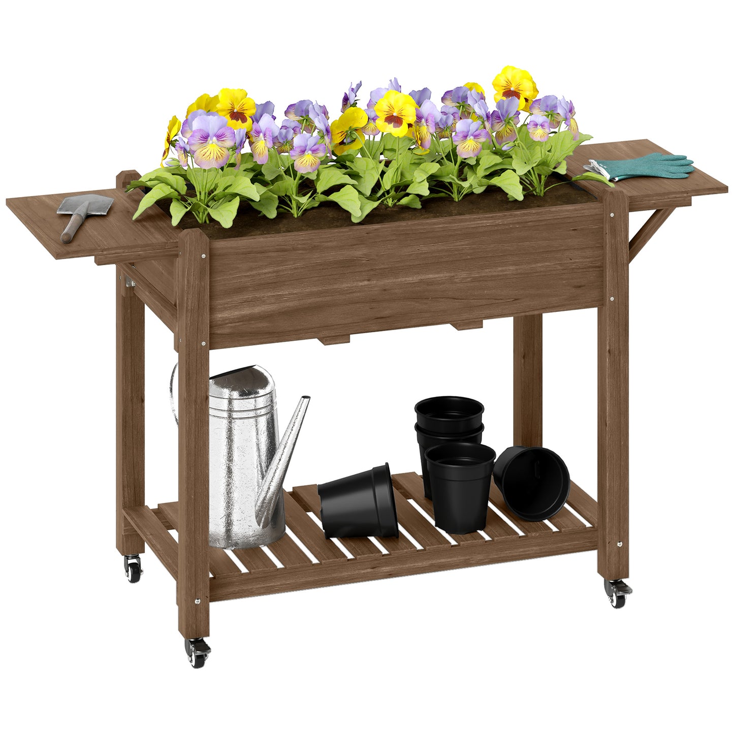 Outsunny Raised Garden Bed, Wooden Elevated Planter Box with Lockable Wheels, Side Tables and Bottom Shelf, Outdoor Planter with Liner and Drainage Holes for Vegetables, Flowers, Fruits