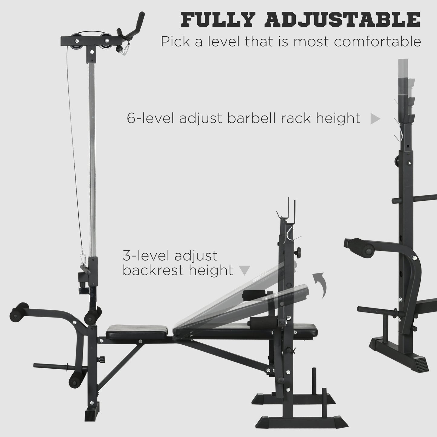 Adjustable Weight Bench with Pulley System, Incline Bench Press Set with Squat Rack, Leg Developer, Butterfly and Weight Storage, for Full Body Workout