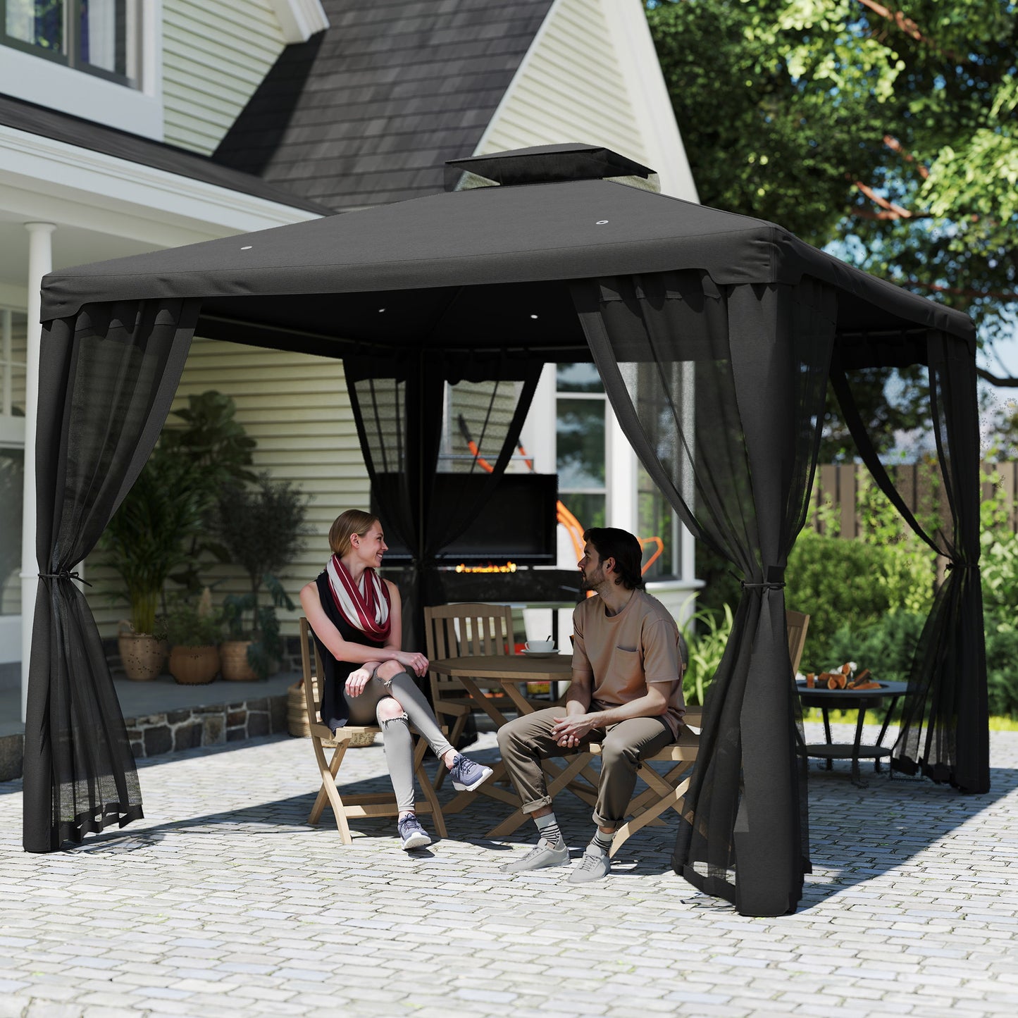 Outsunny 3 x 3 m Metal Gazebo, Garden Pavillion, Double Roof Outdoor Canopy Shelter with Mesh Sidewalls, Black