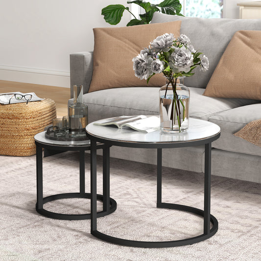Glass Coffee Table Set of 2, Round Nest of Tables with Marble-Effect Tempered Glass Tabletop and Steel Frame, Side Tables for Living Room, White