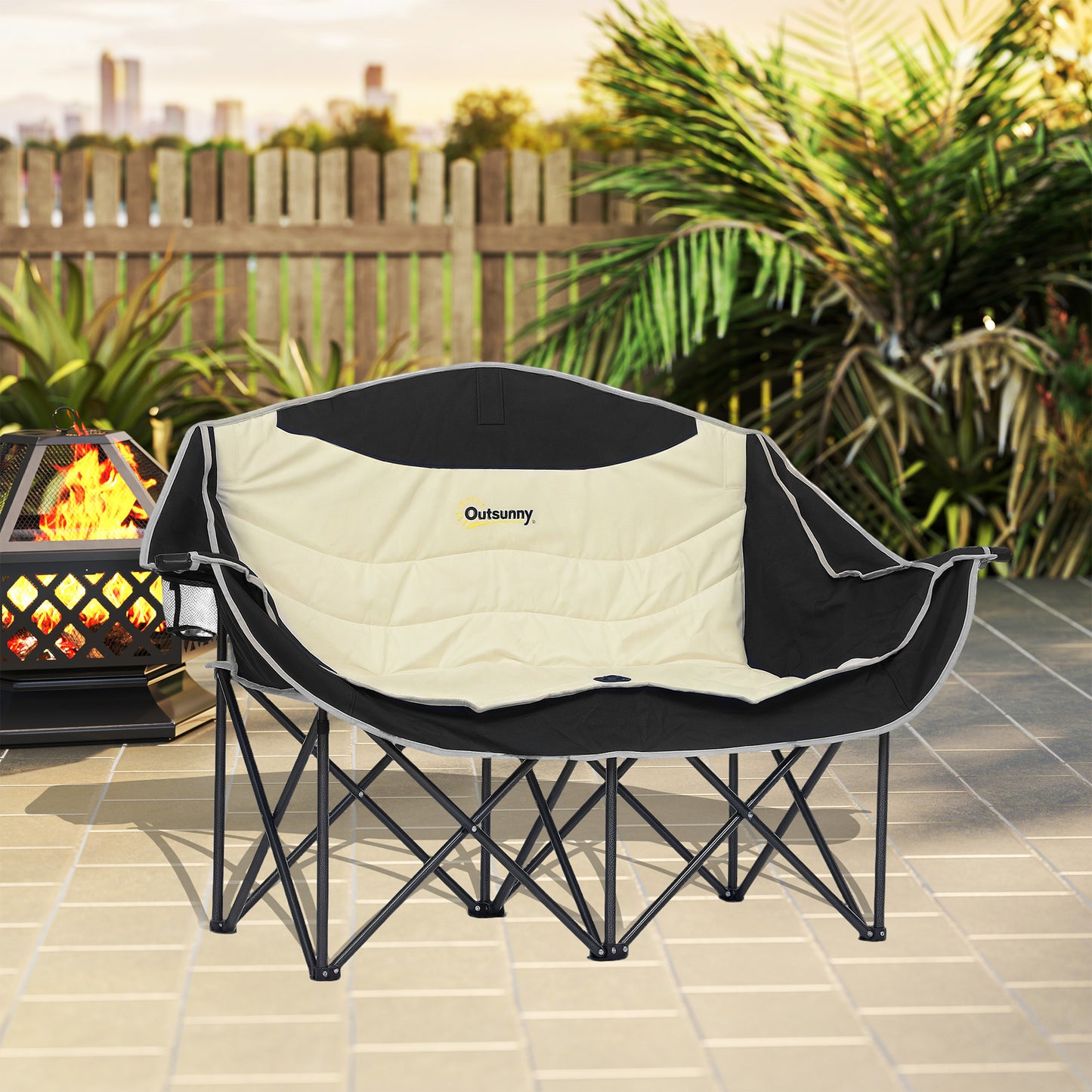 Double Camping Chair for Adults, Oversized Heavy Duty Padded Folding Chair with Armrests, Cup Holders and Carry Bag, 250kg Capacity
