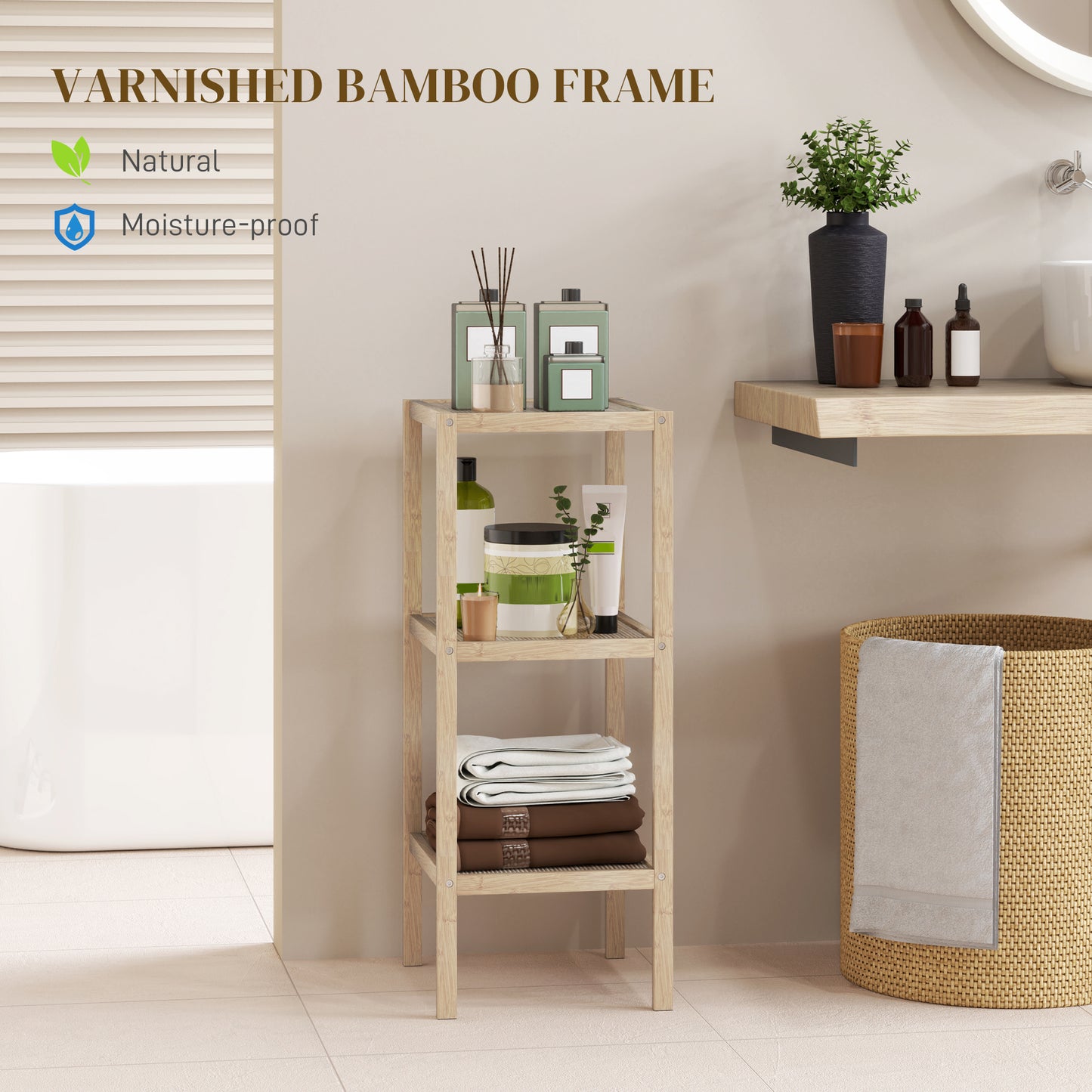 3-Tier Bamboo Bathroom Storage Shelves, Freestanding Storage Shelving Unit, Multifunctional Display Plants Stand Shelf Rack Organiser, Natural