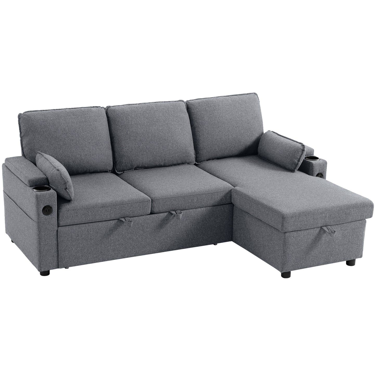 Corner Sofa Bed, L Shaped Sleeper Sectional Sofa with Reversible Storage Chaise, Blue / Grey