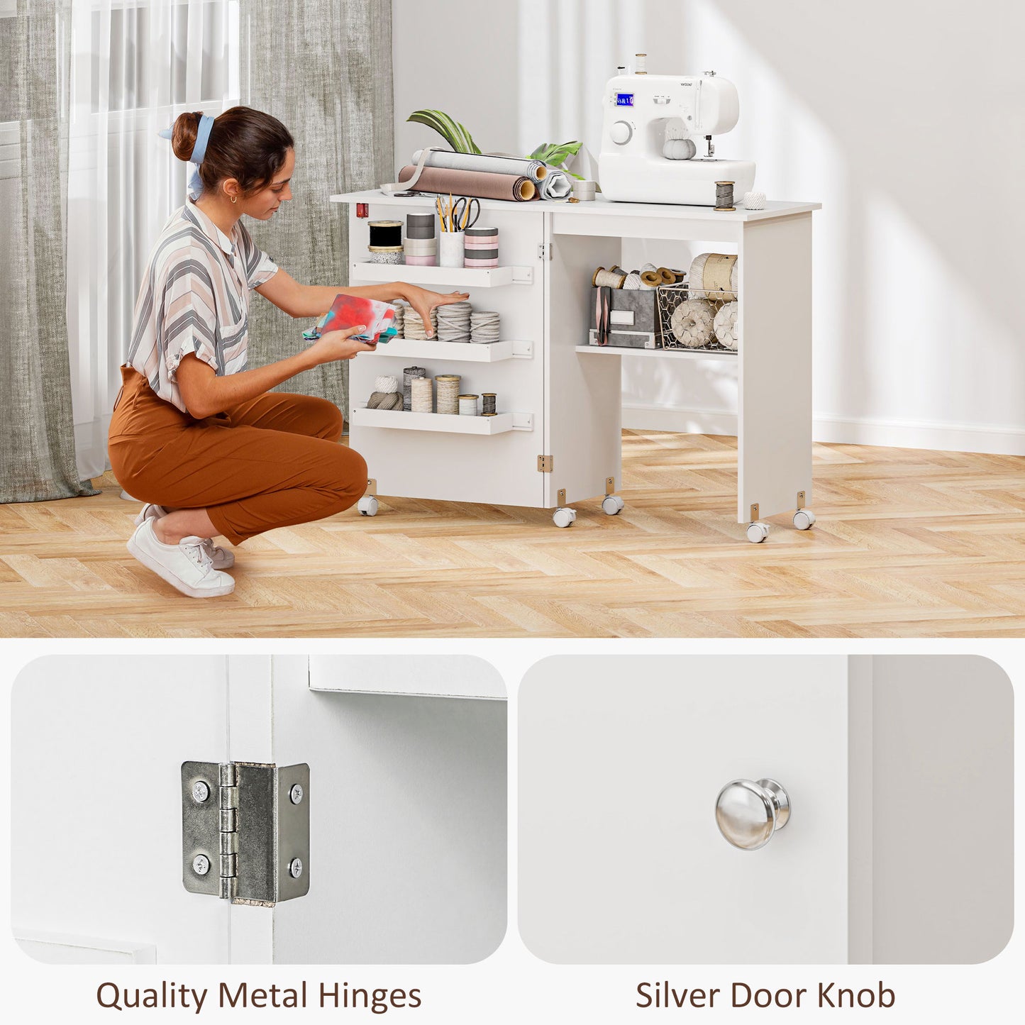 Folding Sewing Table, Drop Leaf Craft Table with Storage Bins, Open Shelf and Wheels, Rolling Sewing Machine Cabinet for Small Space