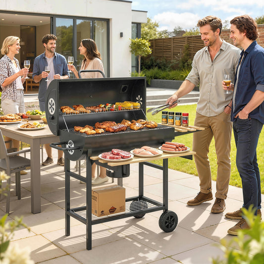 Barrel Charcoal BBQ Smoker | 2500cm² Grill | Warming Rack | Lid Thermometer | Foldable Shelves | Black