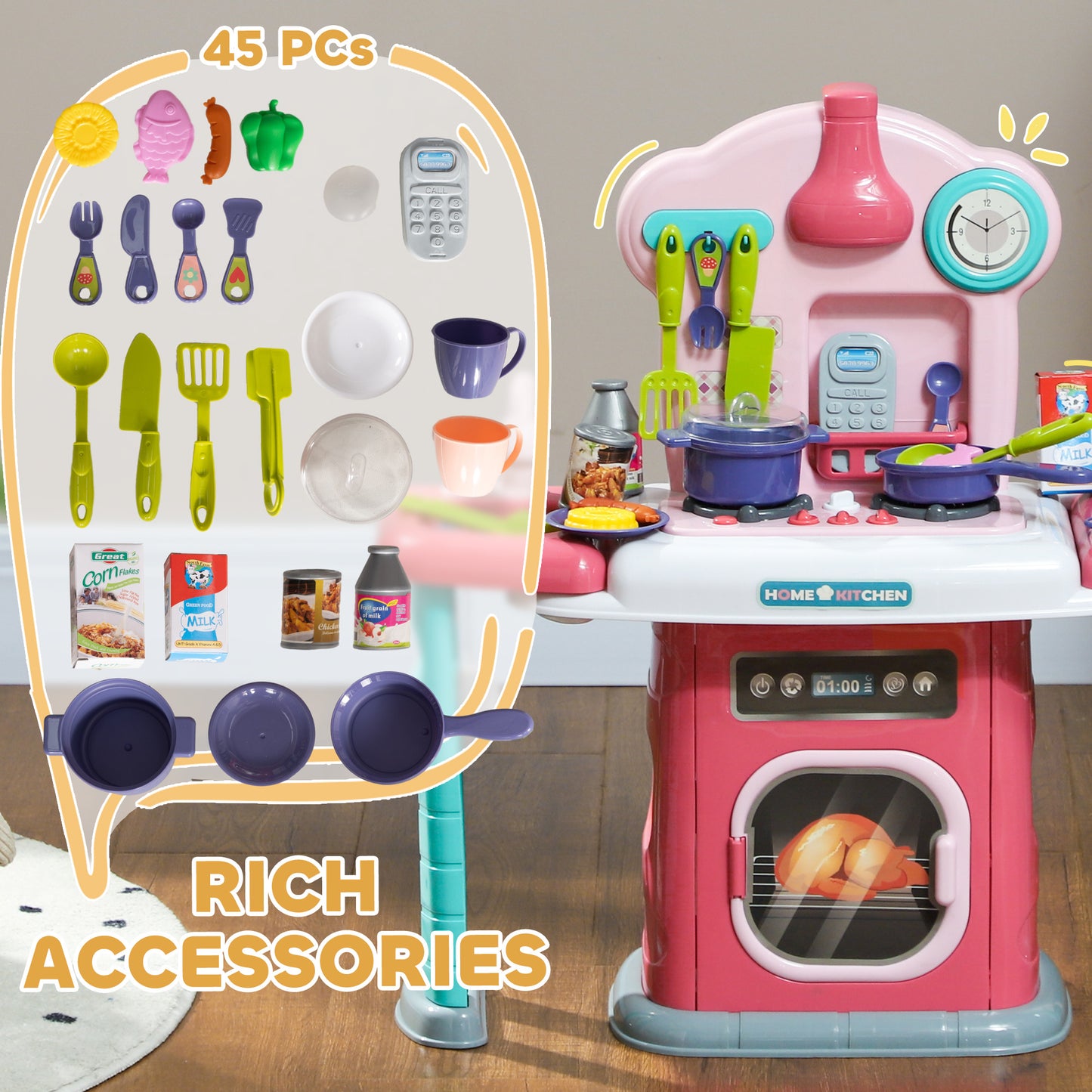 Toy Kitchen, 45 Pieces Kids Kitchen with Rotating Side Tables, Toddler Pretend Role Play W/ Light, Sounds, Spray Effect for Children 3-6 Years, Pink