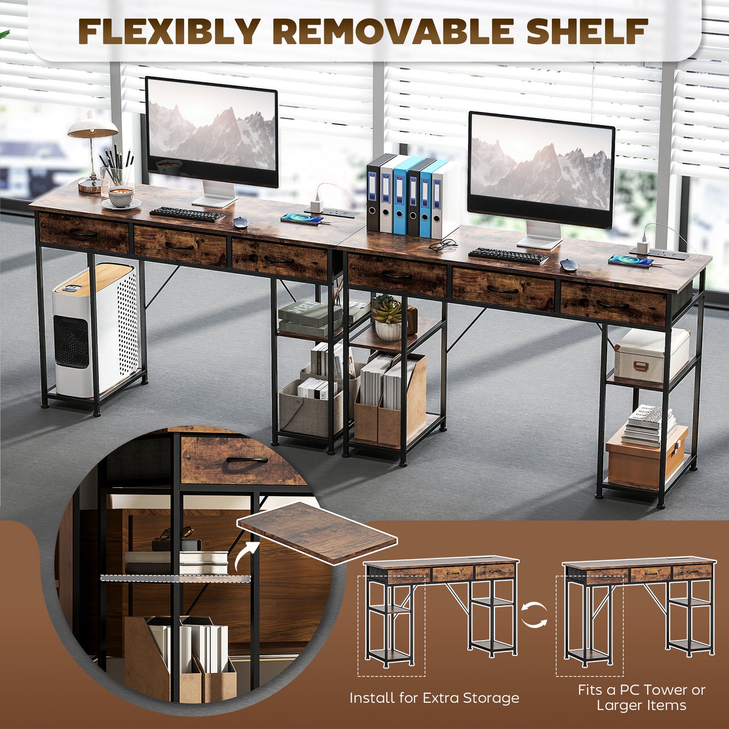 120cm Computer Desk with Power Outlets, Office Desk Study Table with Fabric Drawers and Storage Shelves, Rustic Brown