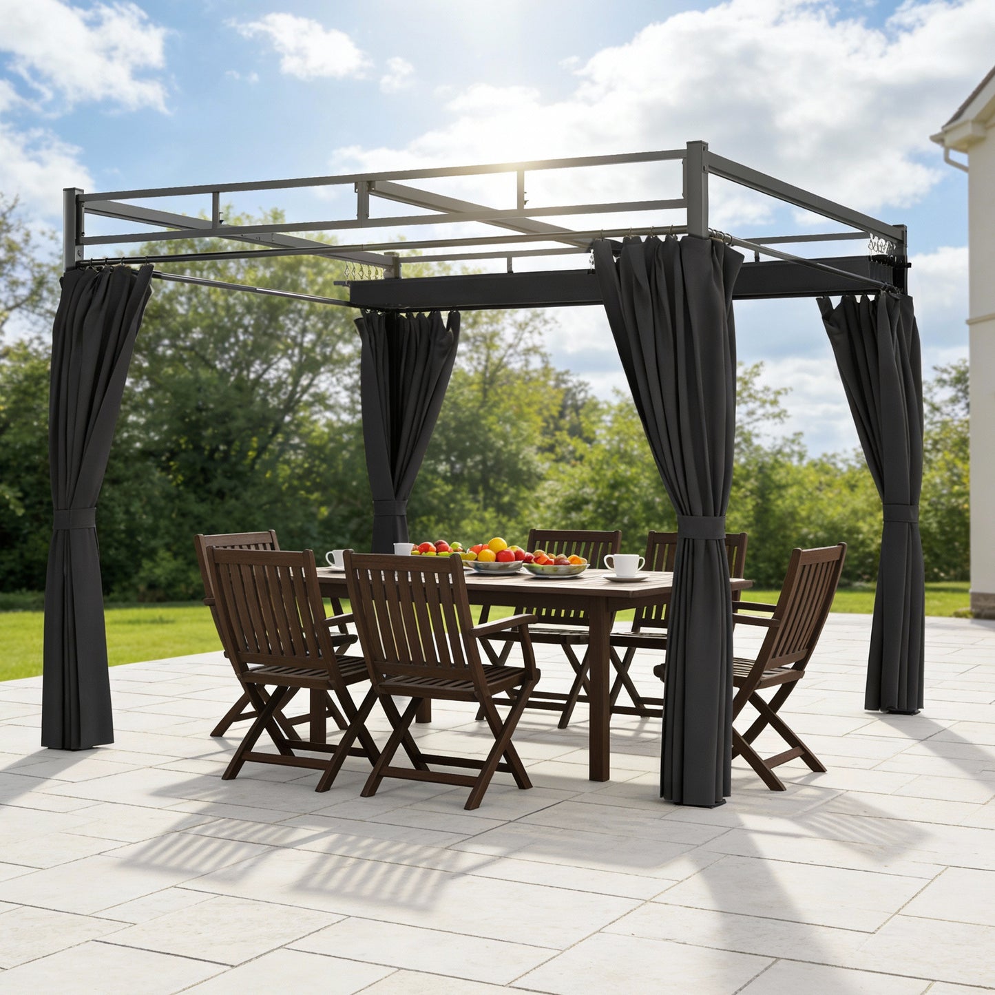 3 x 3 m Pergola with Retractable Roof Canopy and Curtains, UPF30+ Metal Frame Garden Pergola Gazebo Sun Shade, Dark Grey