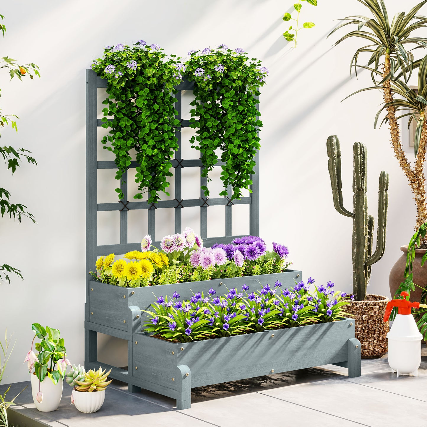 2-Tier Raised Garden Bed with Trellis, Wooden Elevated Planter Box Outdoor Raised Planter for Climbing Plants, Fruits, Vegetables, Flowers, Grey