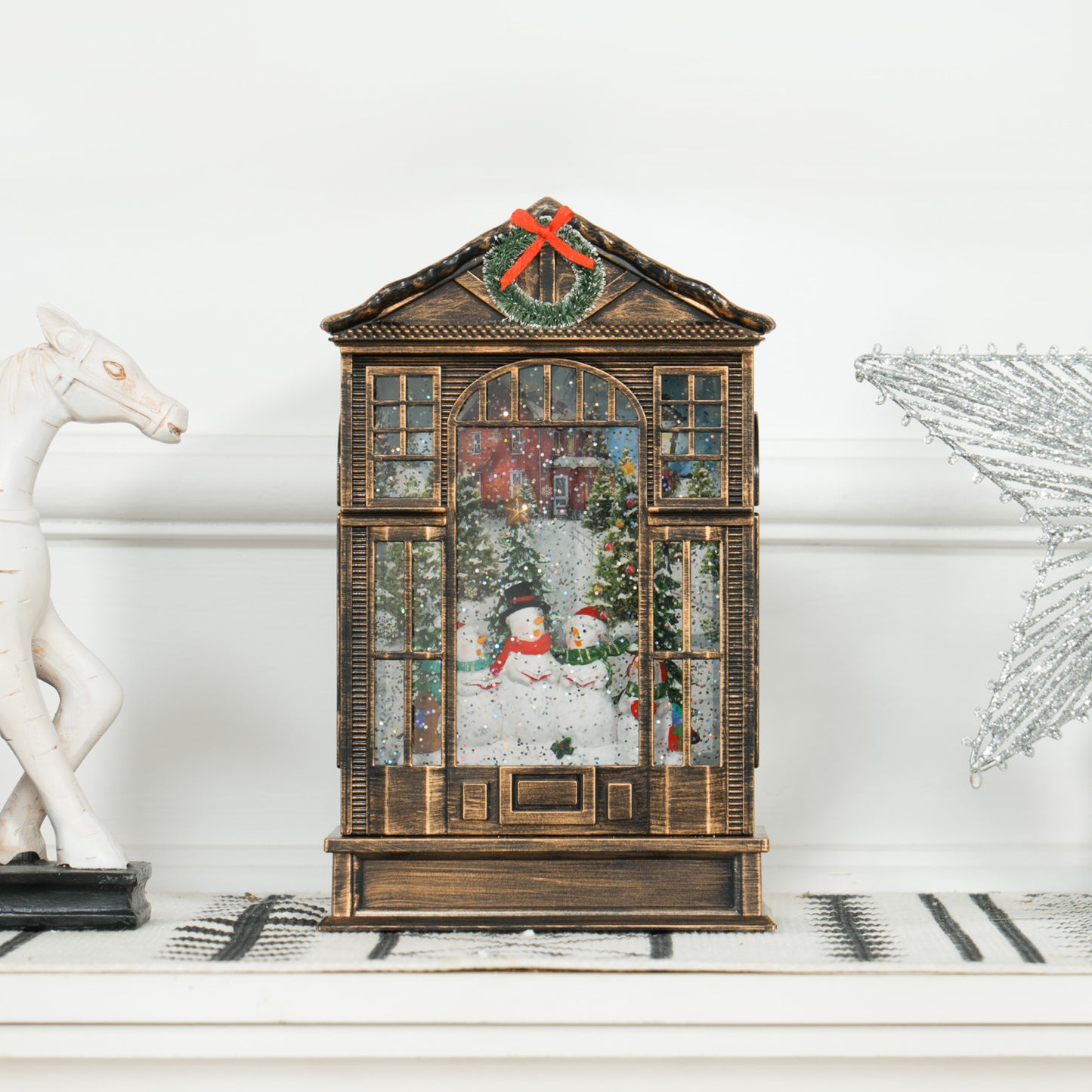Christmas Snow Globe Lantern with Lights, Musical with Swirling Glitter, Battery Operated Decoration for Holiday Party Gift, Bronze Tone