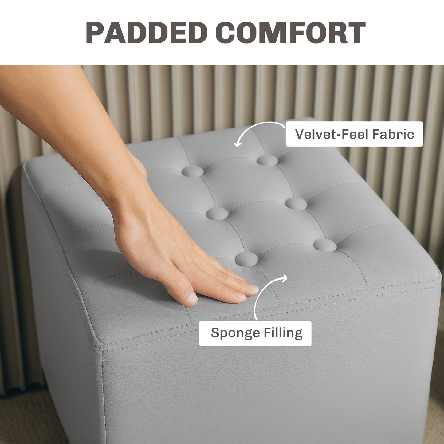 Velvet-Feel Square Ottoman - Light Grey