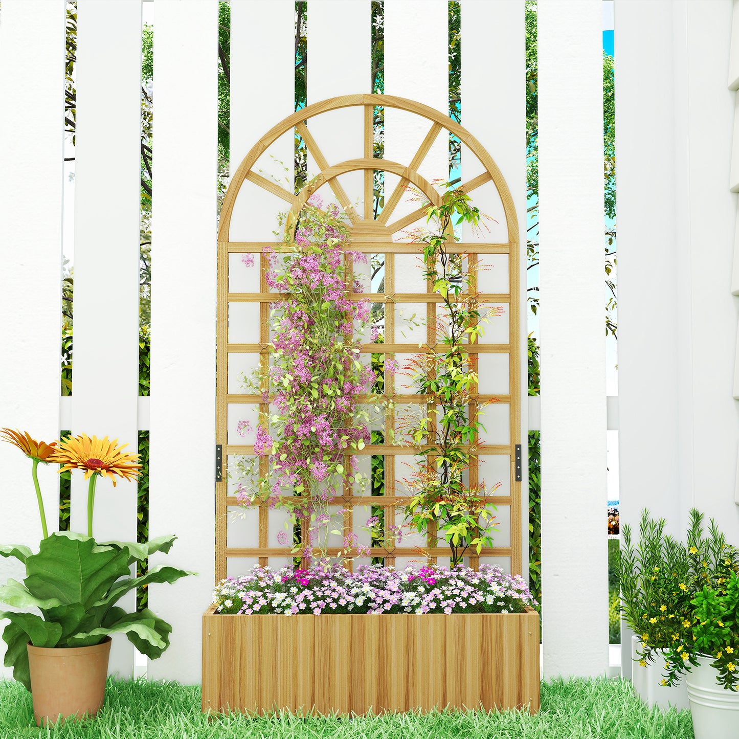 Wooden Raised Planter with Trellis, Raised Bed for Garden with Lattice and Drainage Holes for Climbing Plants