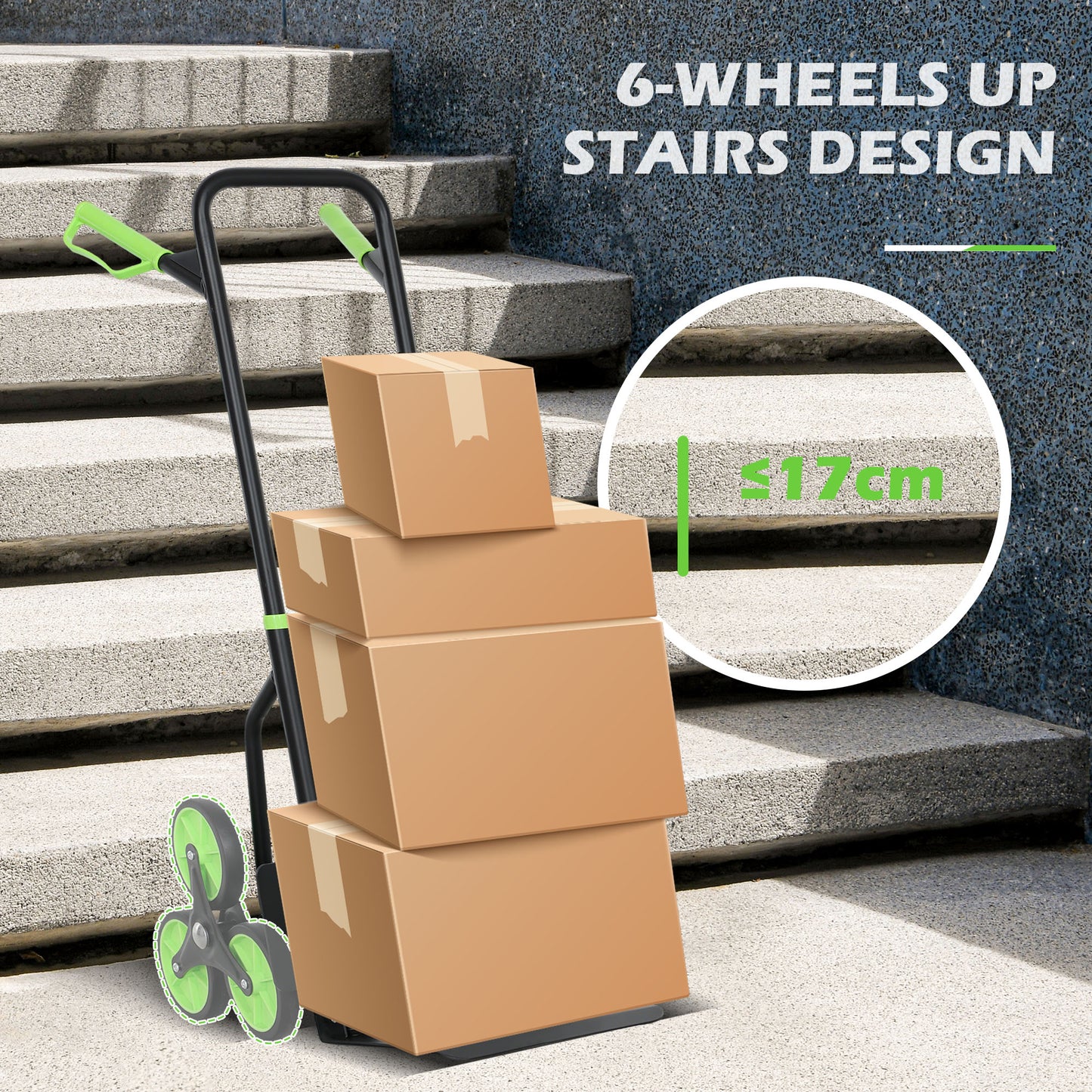 DURHAND Steel Climbing Stairs Trolley Hand Trucks 6-Wheels Foldable Load Cart 120kg, Green / Orange
