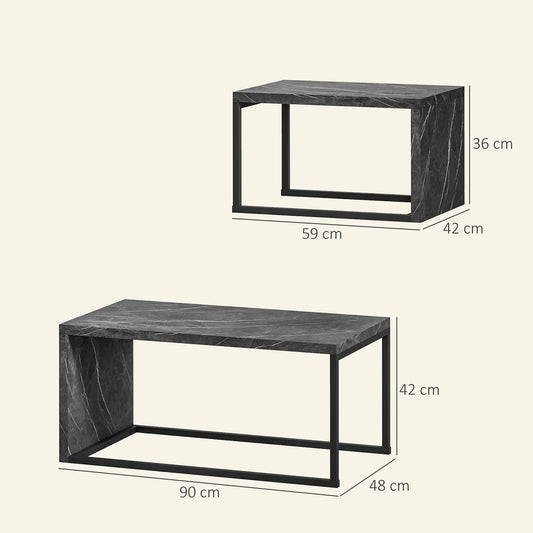 Coffee Tables Set of 2, Industrial Nest of Tables with Metal Frame for Living Room Bedroom, Dark Grey Marble Effect