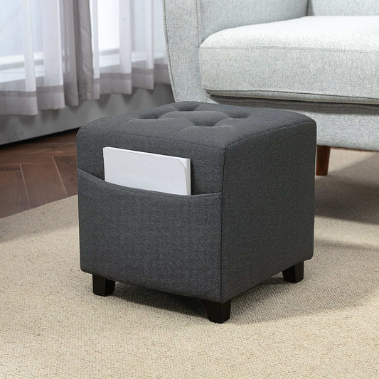 Square Footstool, Small Ottoman with Side Pocket, Linen Fabric Foot Stool W/ Rubber Wood Legs and Pad Seat for Living Room, 35 x 35 x 35cm, Grey