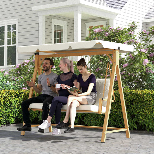 Outsunny Three-Seater Garden Swing Bench, with Adjustable Canopy - Beige