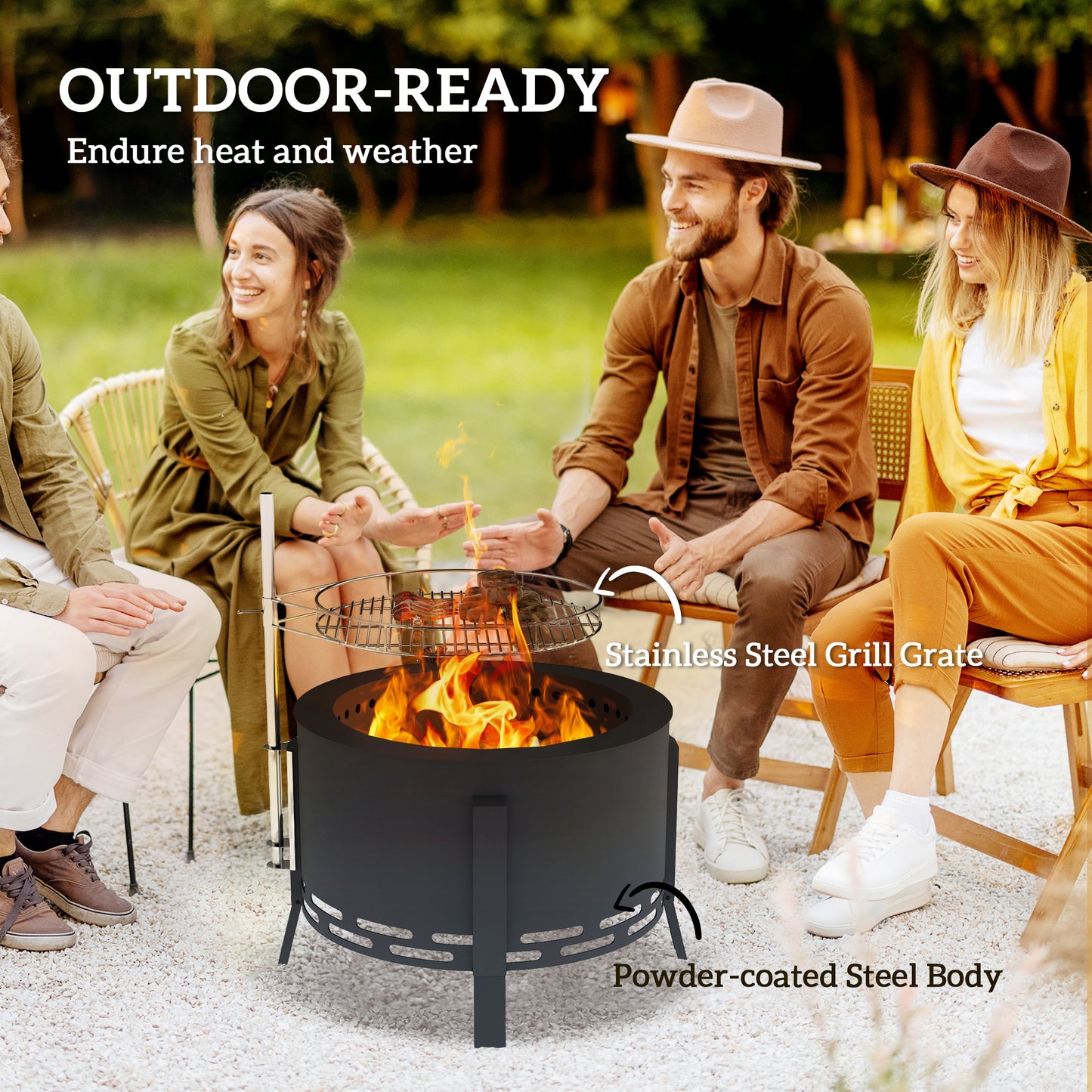 Portable Fire Pit, 58 cm Round Firepit with Grill Grate, Fire Bowl with Ash Catcher and Poker, Fire Pit BBQ for Garden Camping Bonfire Picnic, Black