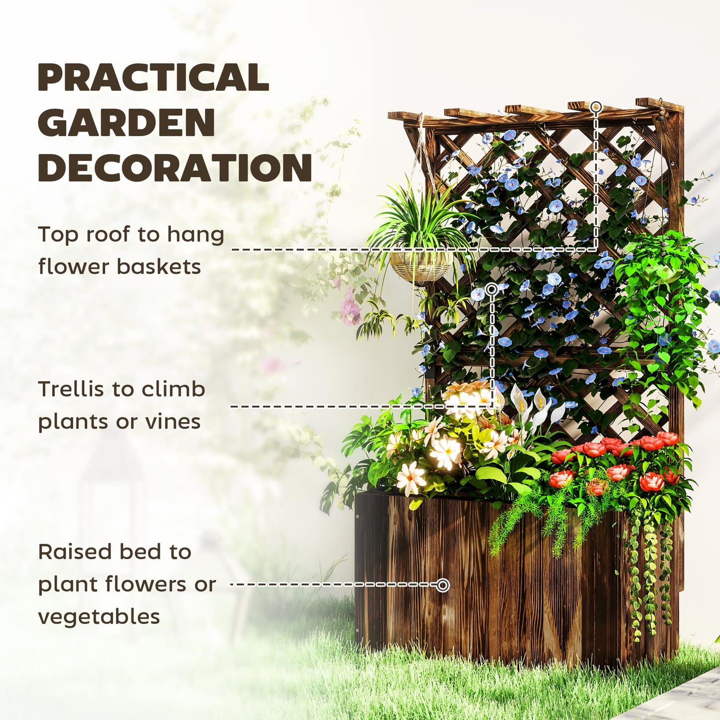 Wooden Planter with Trellis, Freestanding Raised Garden Bed with Drainage Holes, Outdoor Planter Box with Liner for Vegetables, Herbs and Flowers,