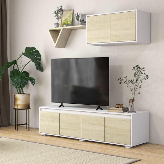 2 Pieces TV Unit Set with Wall Cabinet, Freestanding Unit for 70-inch TVs, Wall Mounted Storage Cupboard, with Adjustable shelves