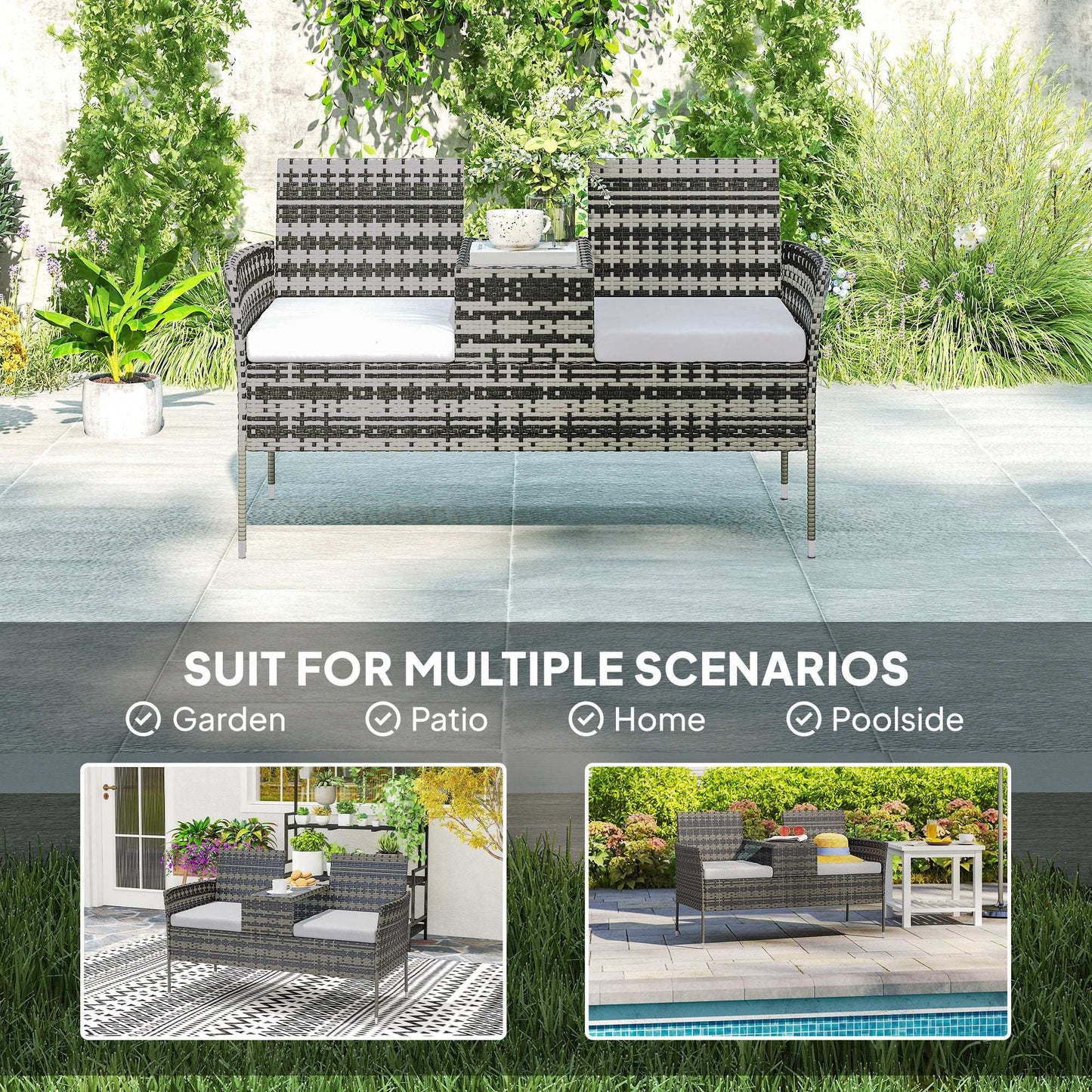 Outsunny Two-Seat Rattan Chair, with Middle Table - Charcoal Grey