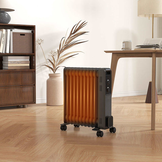 2500W Oil Filled Radiator, 11 Fin, Portable Electric Heater with 3 Heat Settings, Safety Cut-Off and Wheels, Grey