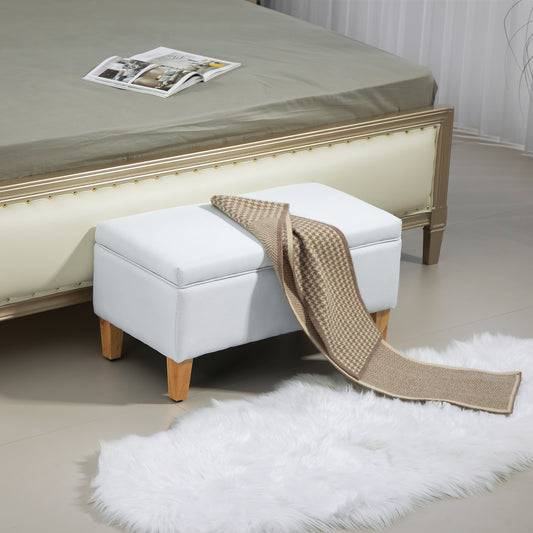 Linen Storage Ottoman Padded Footstool with Rubberwood Legs for Storage Box, Bed End, Shoe Bench, Seating, Cream White