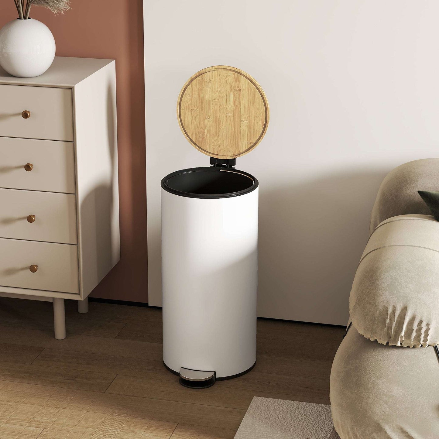 30L Kitchen Pedal Bin | Soft-Close Bamboo Lid | Removable Inner Bucket | Lid Stay-Open | Fingerprint-Proof | Metal & PP | Fully Assembled | 36x30x60.5cm | White & Natural