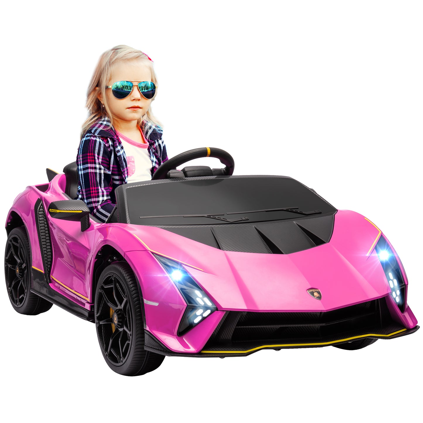 AIYAPLAY 12V Lamborghini Autentica Licensed Kids Electric Car with Remote Control, 4 Suspension Wheels, Soft Start, Grey / Pink