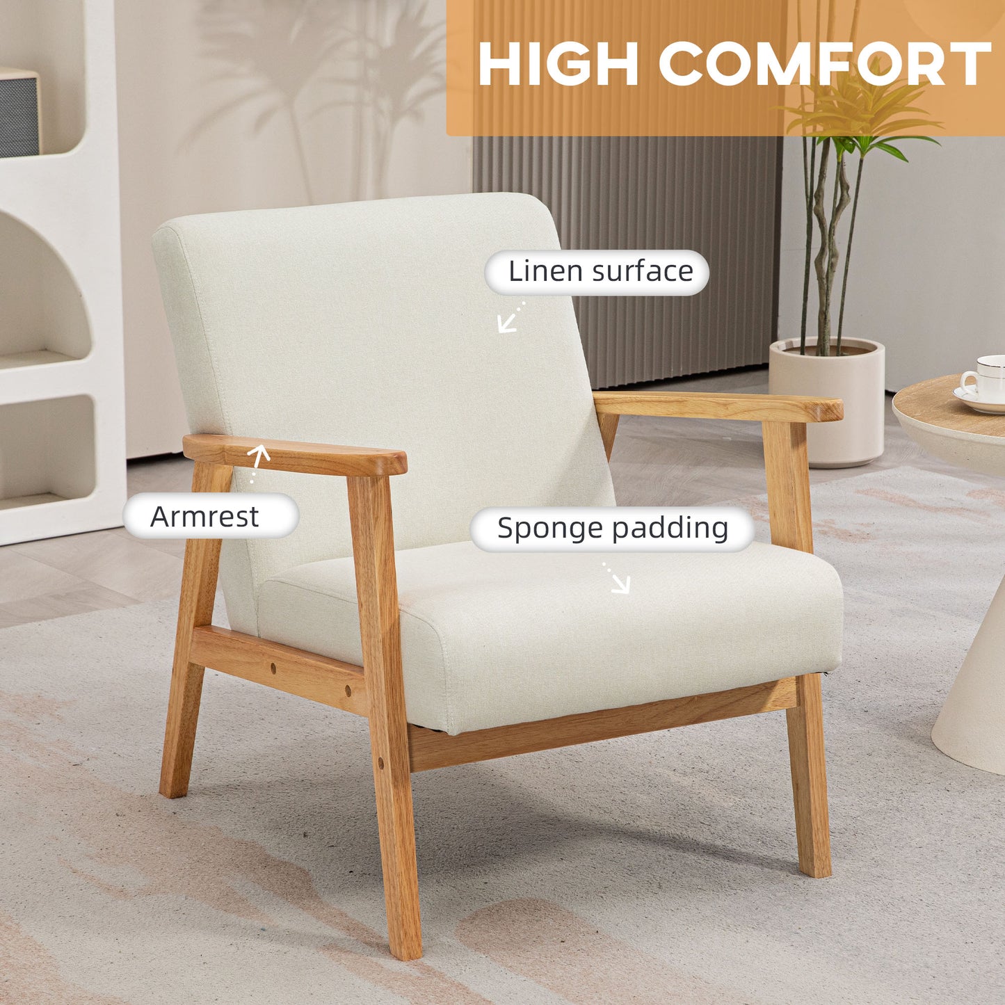 Fabric Accent Chair for Living Room, Arm Chair with Rubber Wood Frame and Padded Cushion, Cream White