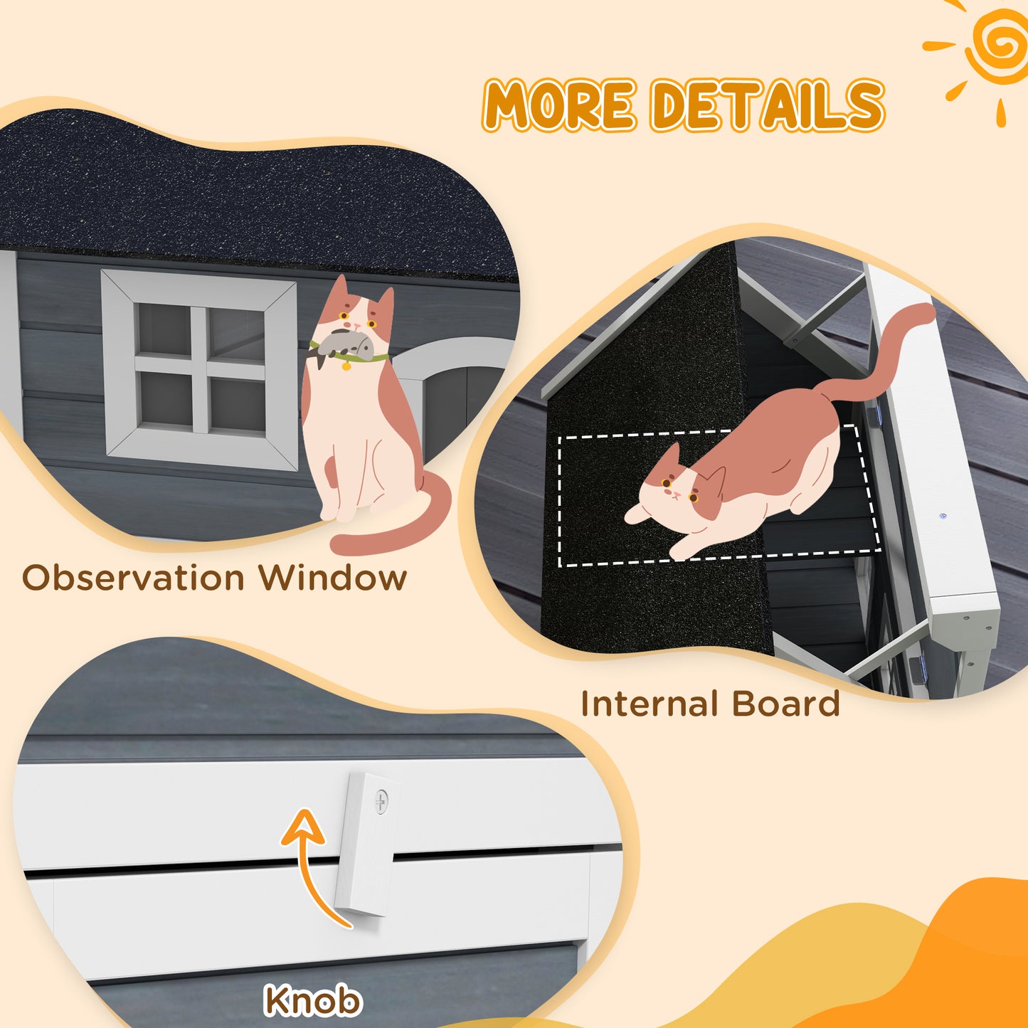 PawHut Outdoor Cat House, Wooden Feral Cat Shelter Waterproof Hide House with Openable Asphalt Roof and Three Doors, 77 x 57.5 x 68cm, Grey