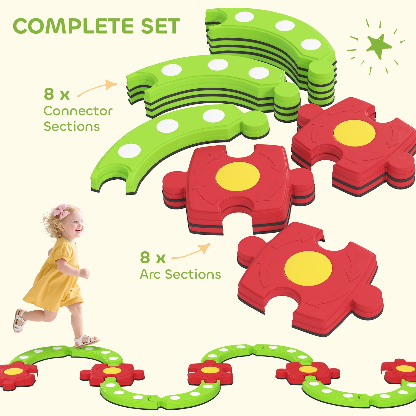 13 Piece Kids Balance Beam Stepping Stones Set with Non-slip Textured Surface, Outdoor Indoor for Toddlers, Green
