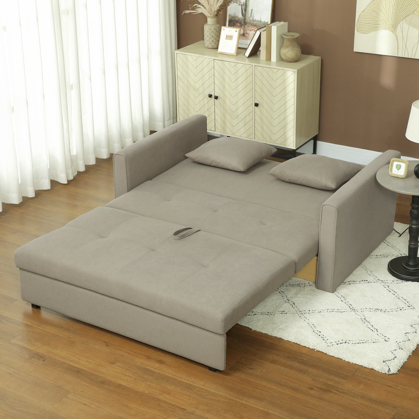 2 Seater Sofa Bed, Convertible Bed Settee, Modern Fabric Loveseat Sofa Couch with 2 Cushions, Hidden Storage for Living Room, Light Brown