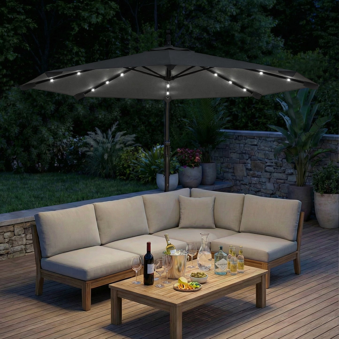 3m Cantilever Parasol with 32 Solar LED Lights | 295cm Canopy | 8 Metal Ribs | Crank Lift | Water-Repellent | 2 Wind Ropes | Cross Base & Cover Included | Black
