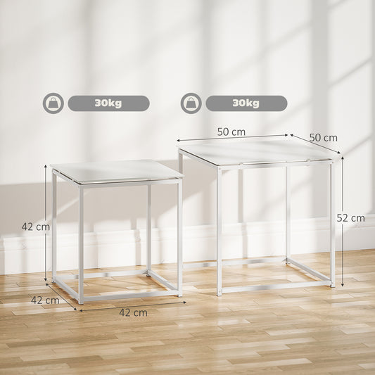 Nest of Tables, Set of 2 Coffee Table, Side Tables with Tempered Glass Desktop and Metal Frame for Living Room, Bedroom, Office, White