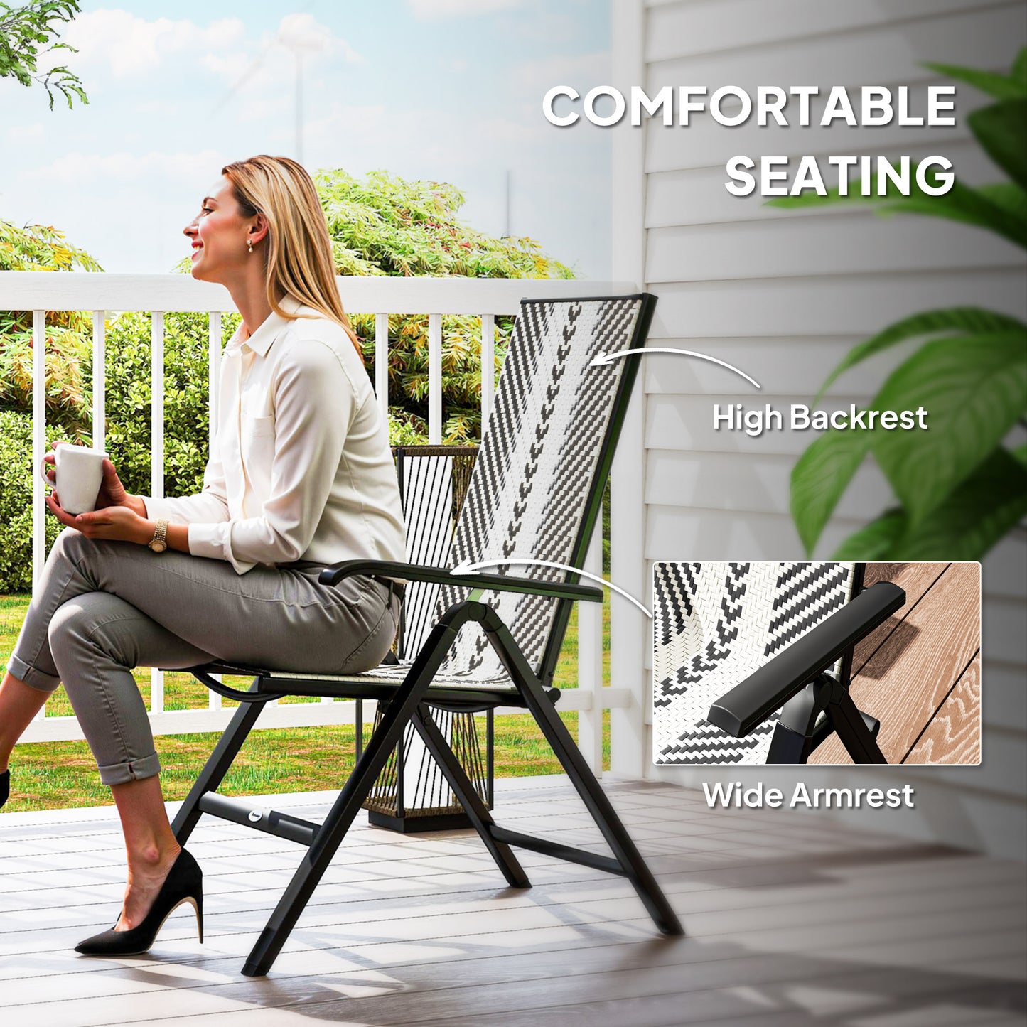 Outsunny Rattan Reclining Folding 5 Position Garden Chair - Black / Grey / Orange