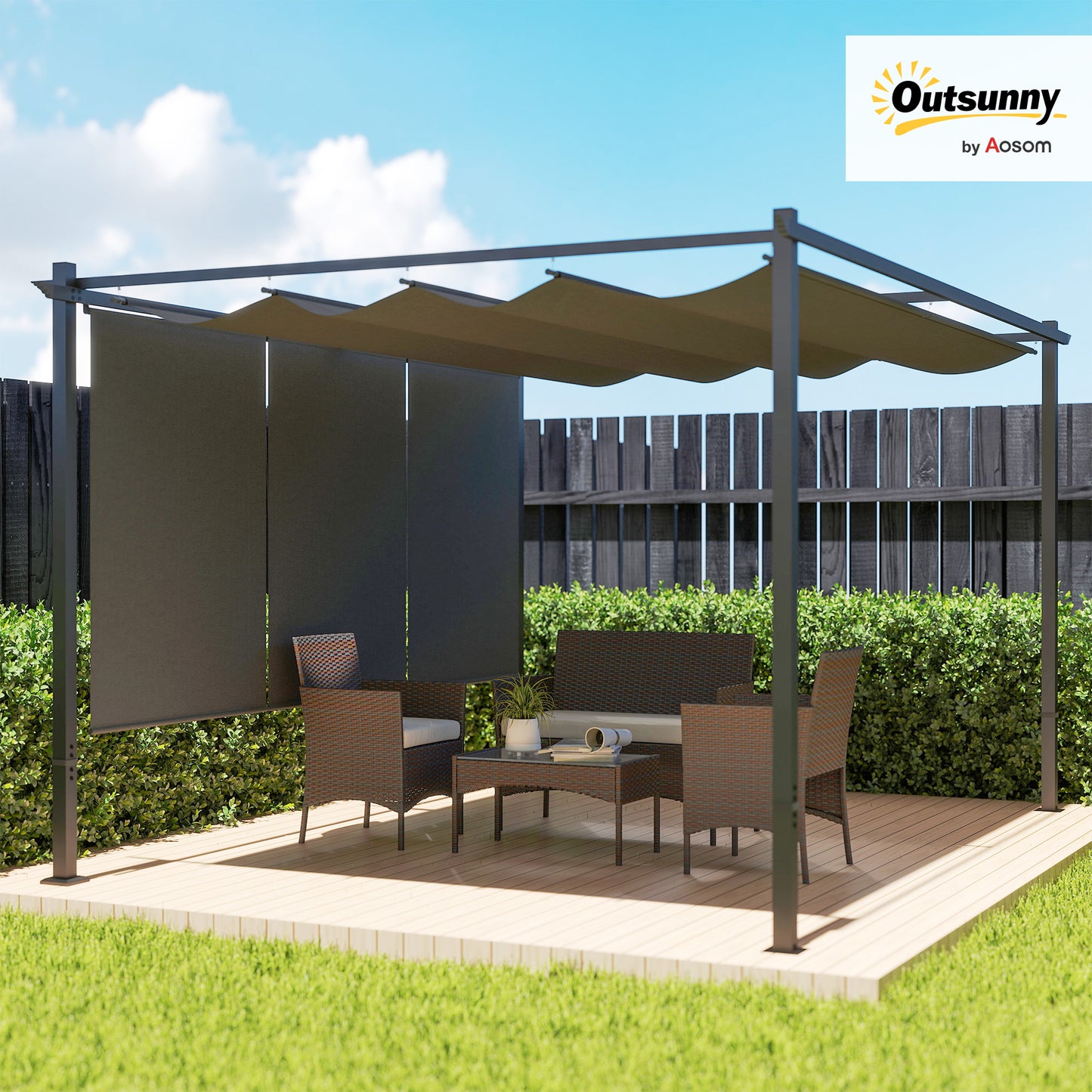 3 x 4m Metal Pergola with Retractable Roof and Roller Shade, Wall-Mounted or Free Standing Garden Gazebo Canopy Kit, Sun Shade Shelter, Grey