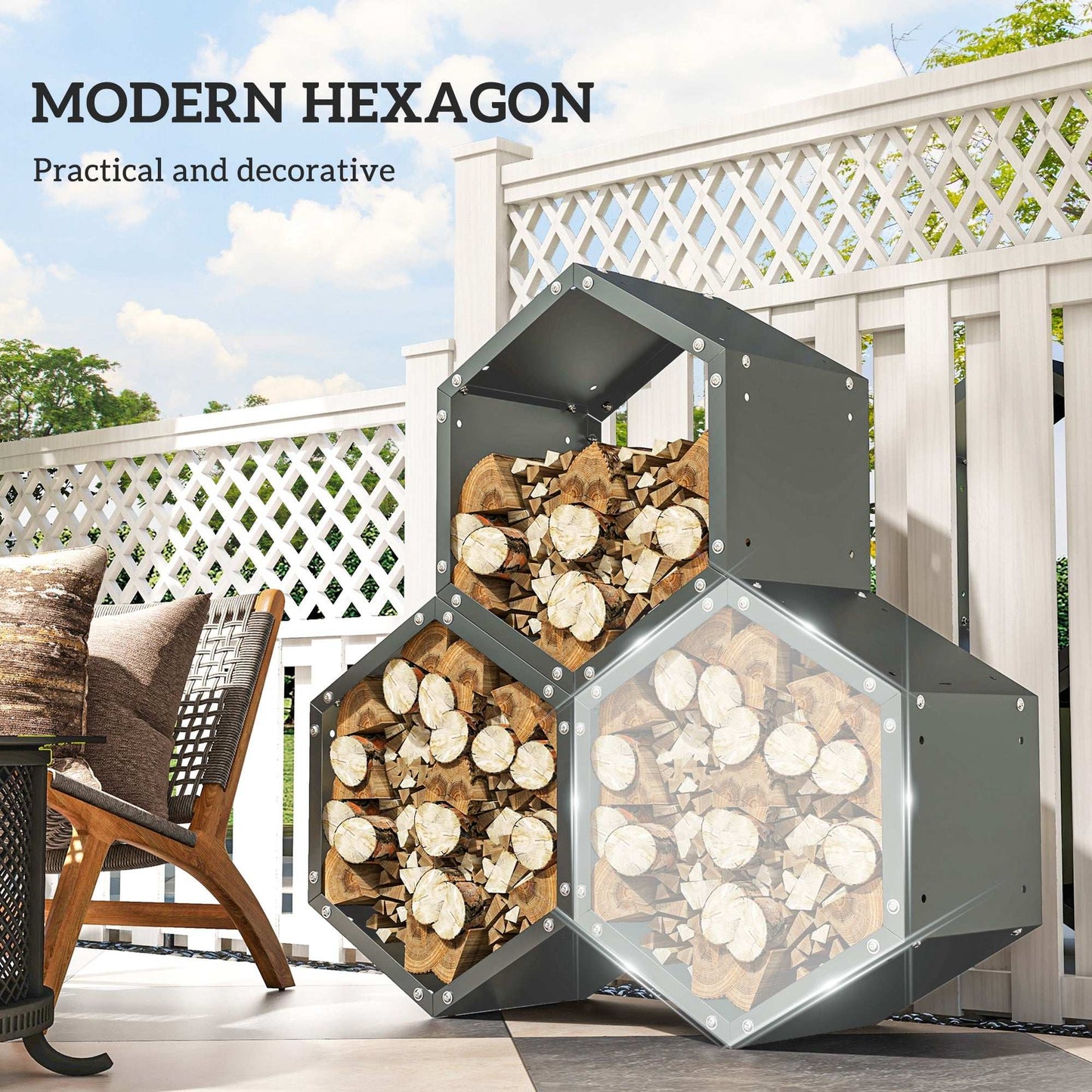 Outsunny Three-Shelf Hexagon Metal Firewood Log Storage Rack Holder Organiser - Grey