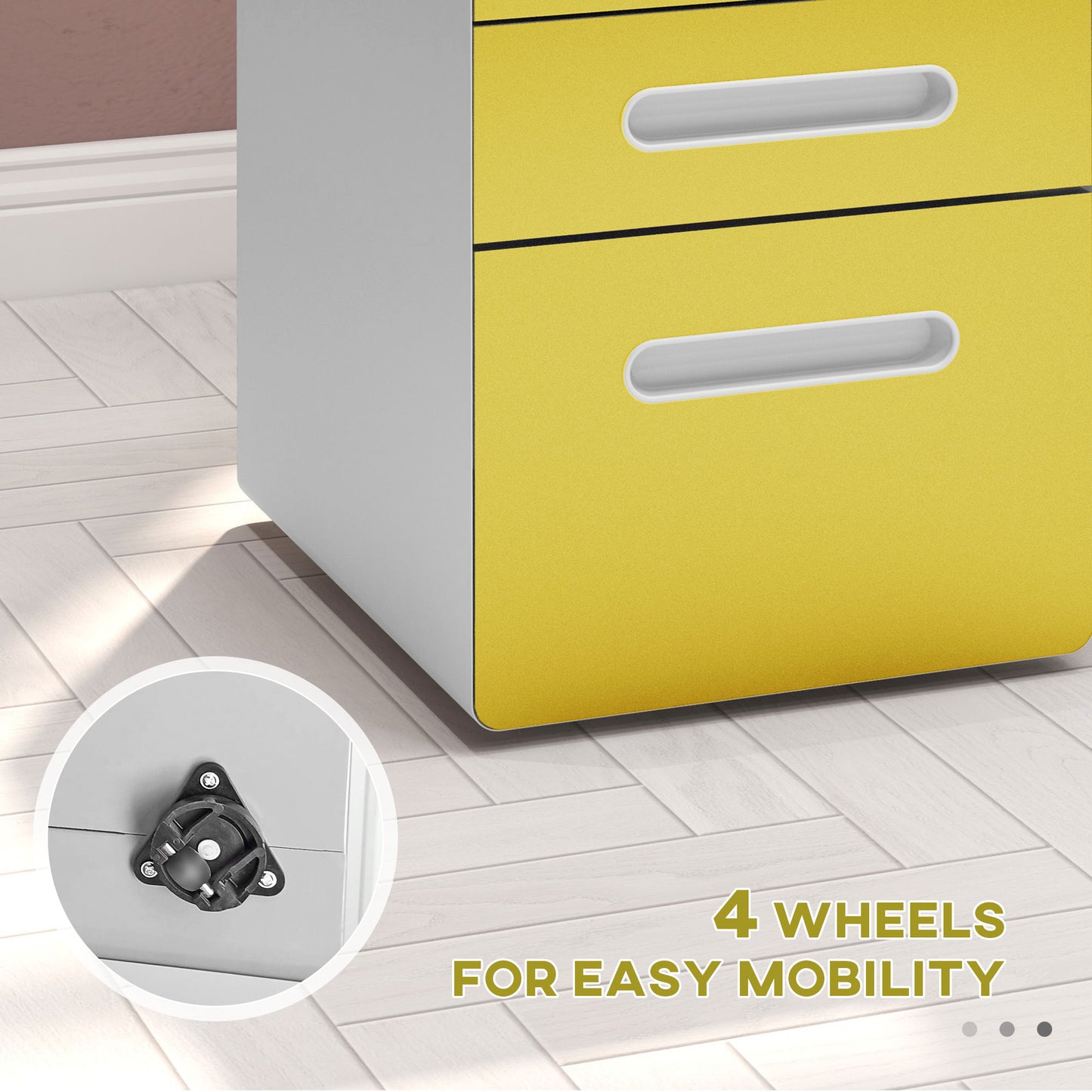 Vinsetto 3 Drawer Filing Cabinet, Steel Lockable File Cabinet with Lock and Wheels, for A4, Letter, Legal Sized Files