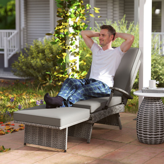 Outsunny 80° Reclining Rattan Lounger - Grey / White Beige