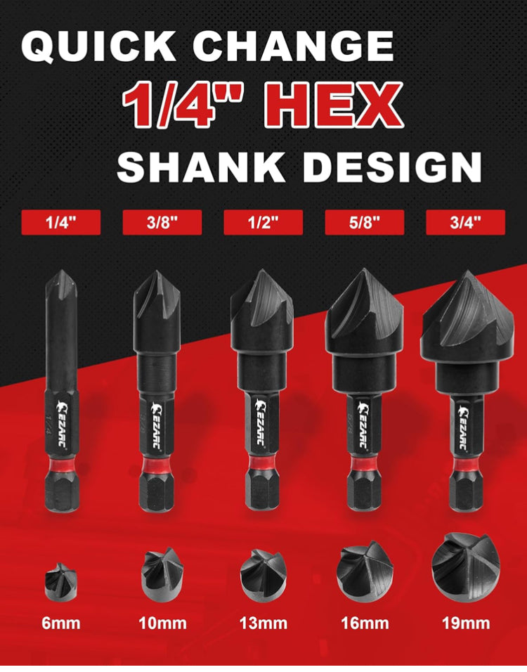 EZARC 5 Piece Countersink Drill Bit Set for Metal, 1/4 Inch Hex Shank Countersunk Bits 82 Degree 5 Flute, 1/4” 3/8” 1/2” 5/8” 3/4”